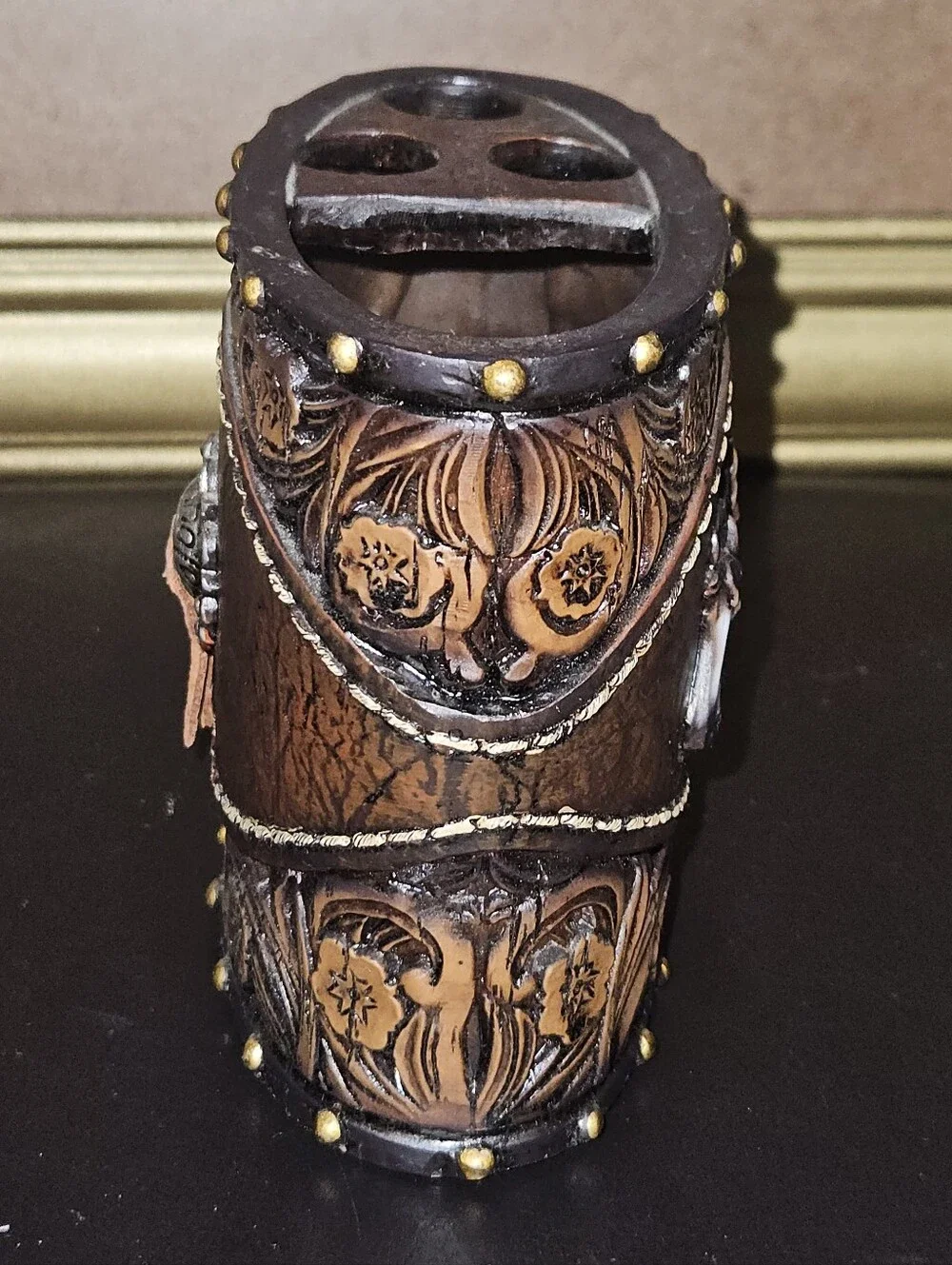 Equestrian Themed Tooled Leather & Carved Resin Toothbrush Caddy
